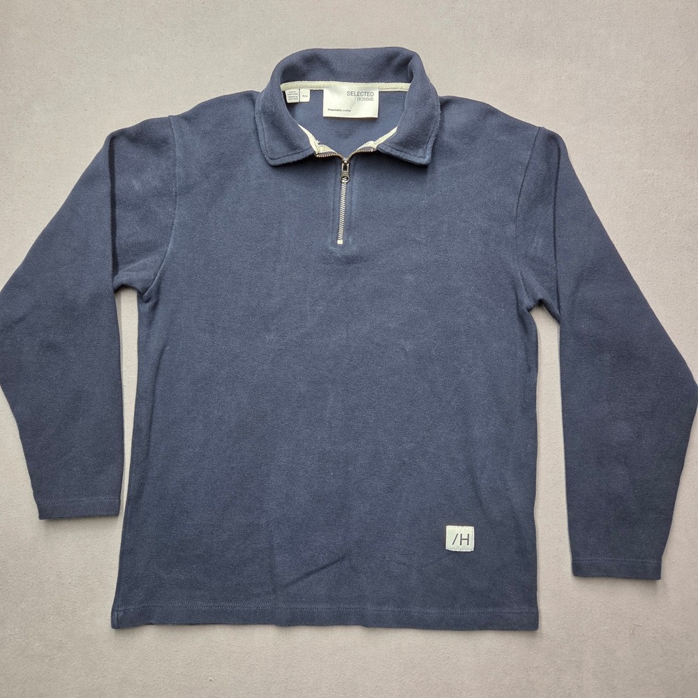 Selected Homme Navy Blue Pique Quarter Zip Pullover Long Sleeve Sweater Mens M